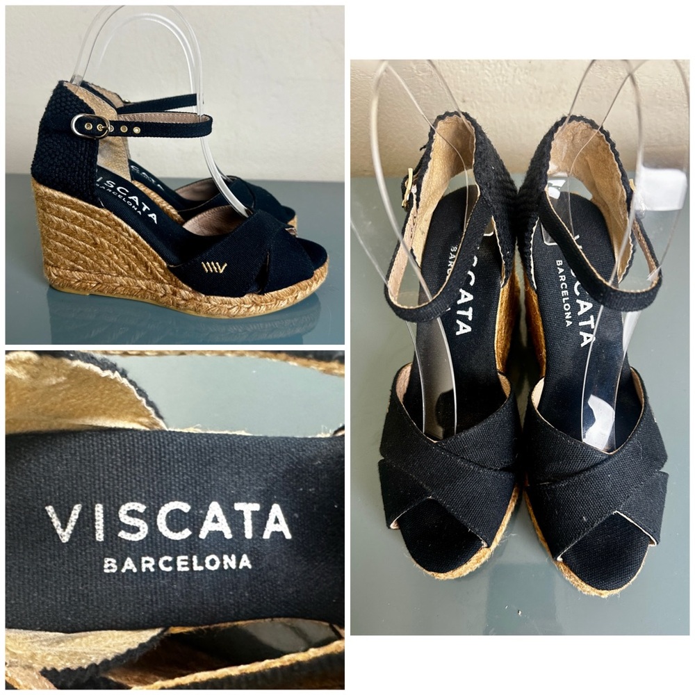VISCATA Aiguablava Canvas Wedge Espadrille Slingback Black Sandals sz EU 36 Ex!